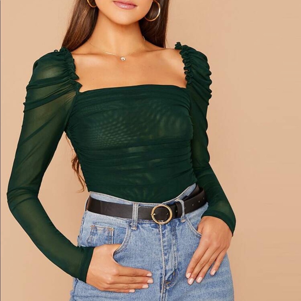 🌹 Sheer Mesh Ruched Ruffled Top